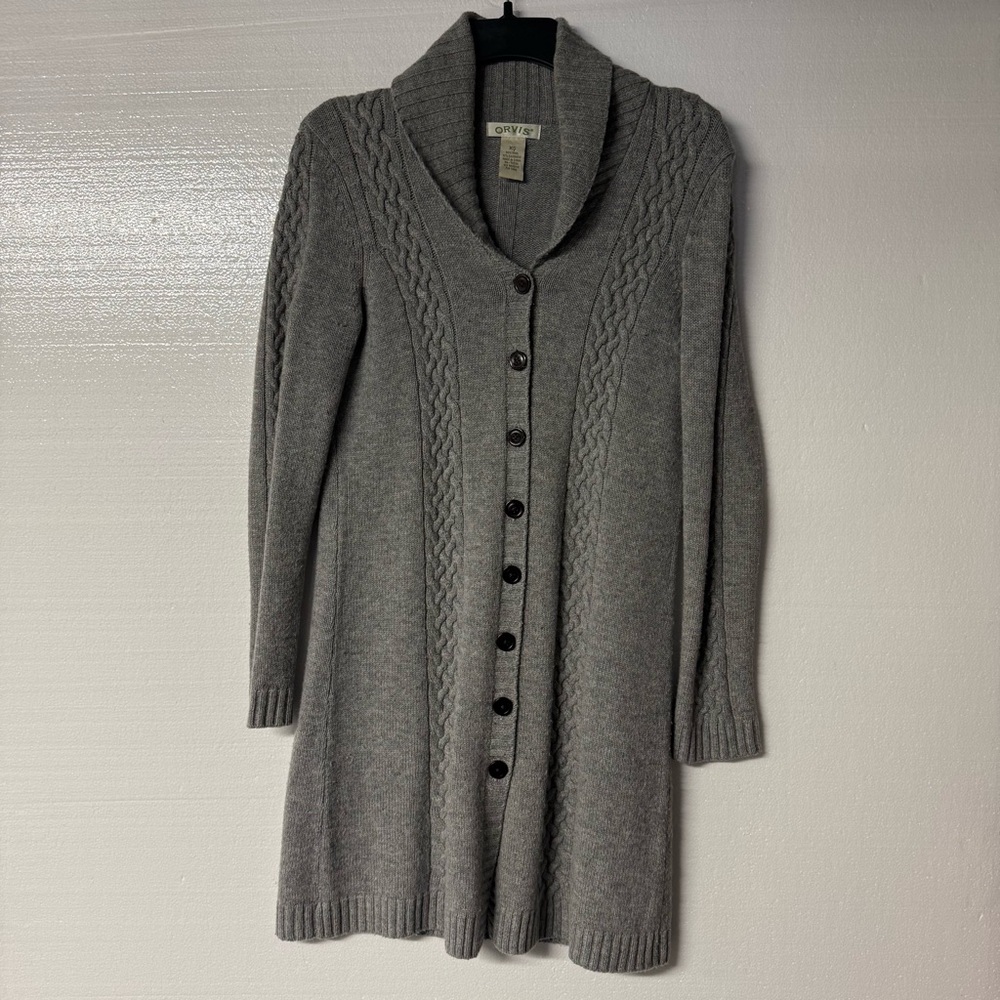 Orvis Sweater Cardigan Women XS Gray Cashmere Wool Blend Long Button Front Cable